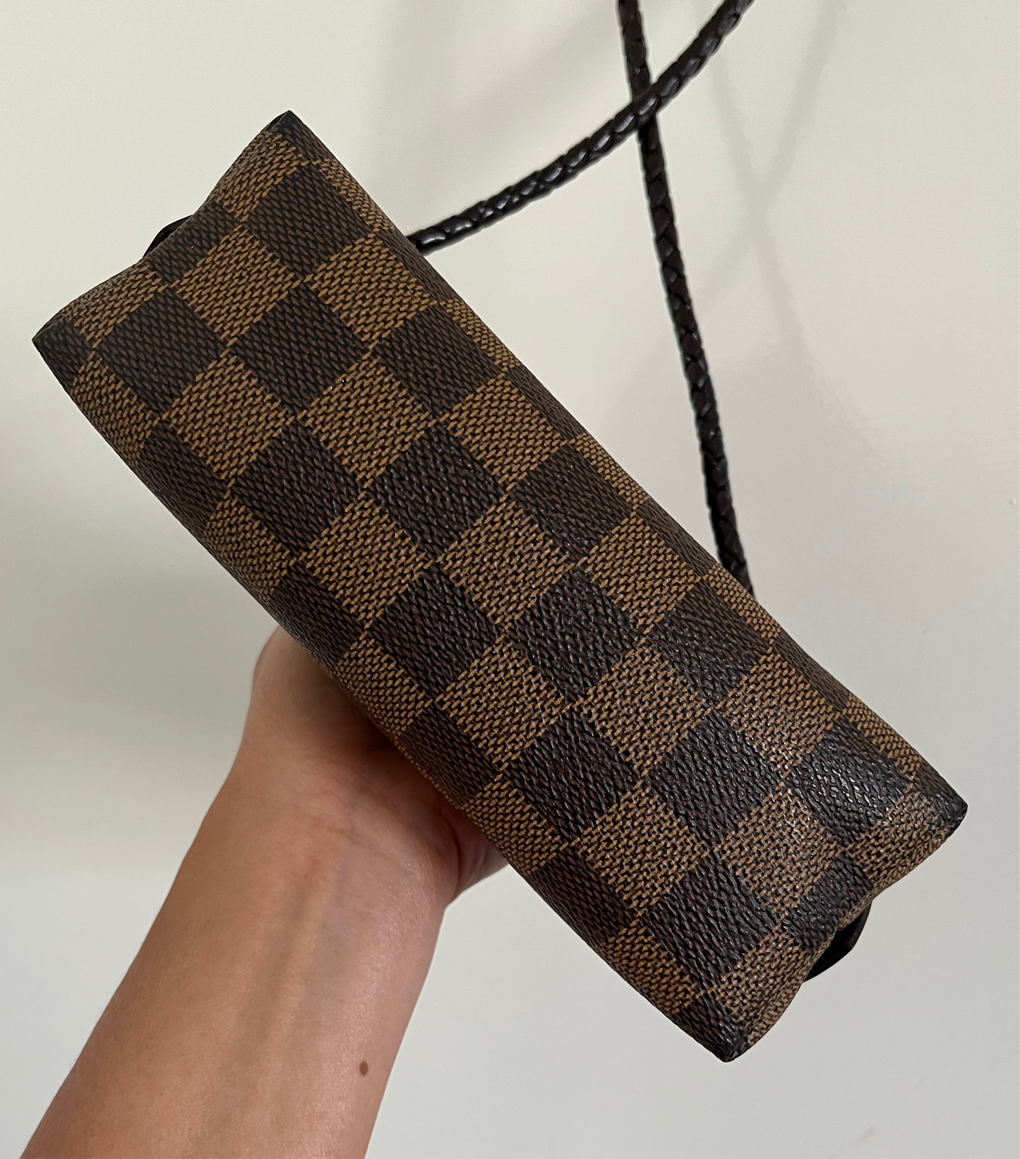 Authentic Louis Vuitton Cosmetics Pouch Damier Ebene/Converted/with Added Generic D-rings and Chain Strap